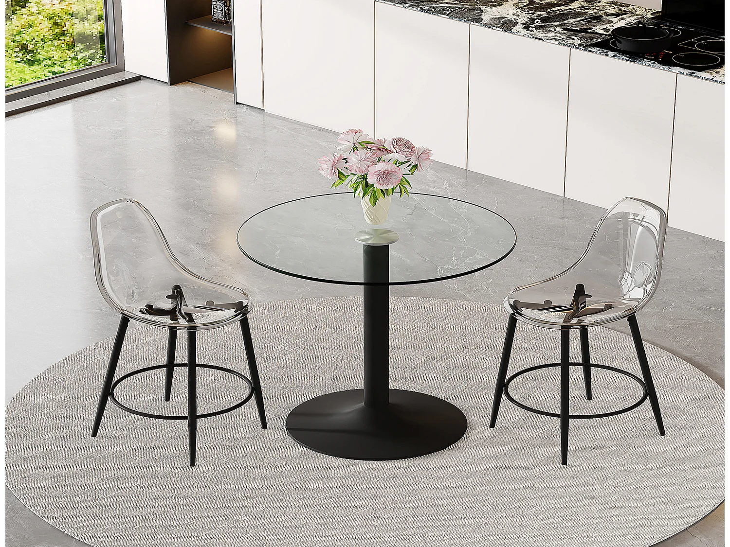 Bar Set mit 2 Hockern 89 cm, Küchenbar Set Glas mit Tisch und 2 Barhockern, modern schwarz für offene Küche