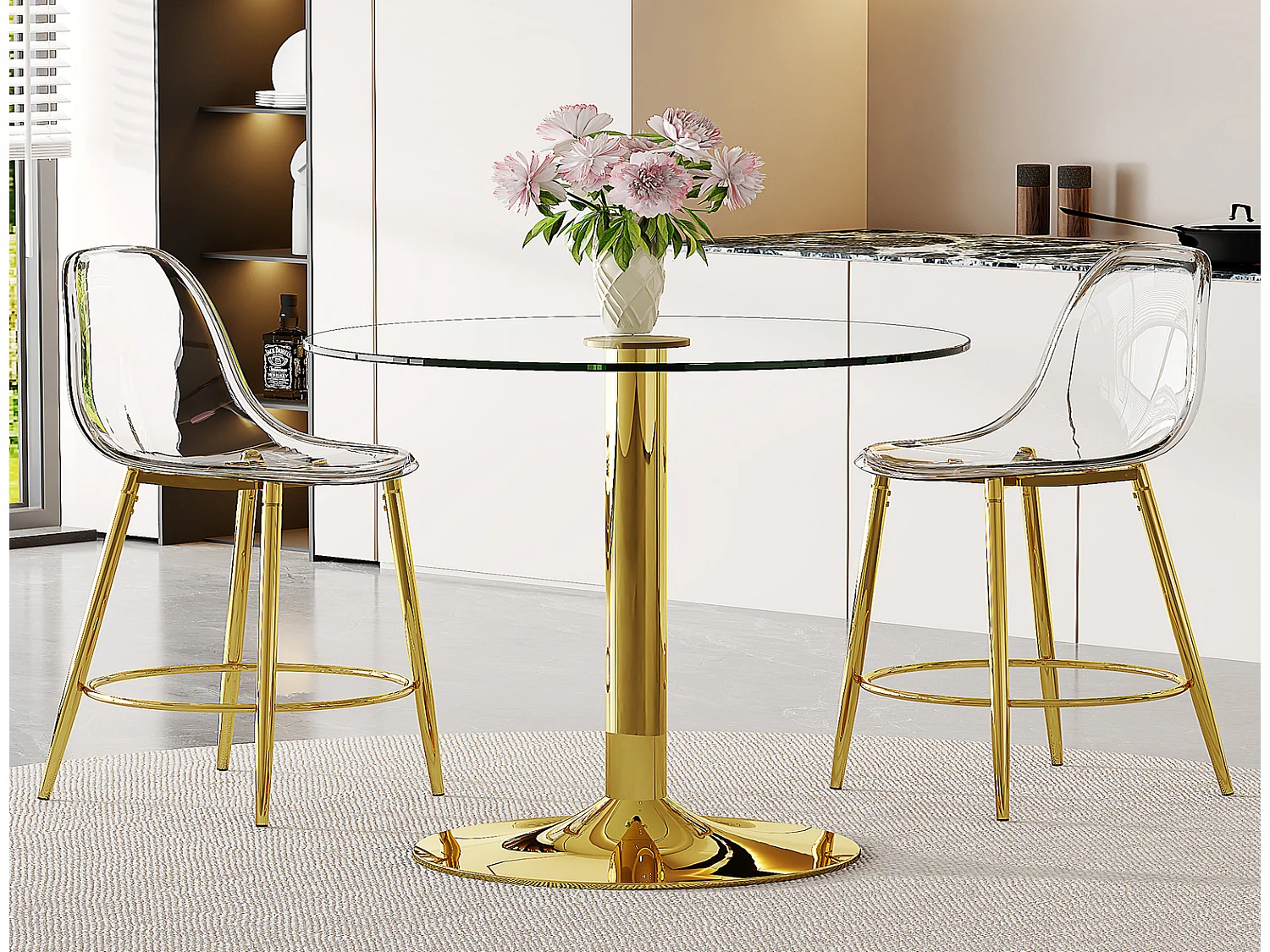 Bartisch Set 3-teilig 89 cm Glastisch mit 2 transparenten Barhockern, goldfarbenes Gestell, für offene Küche