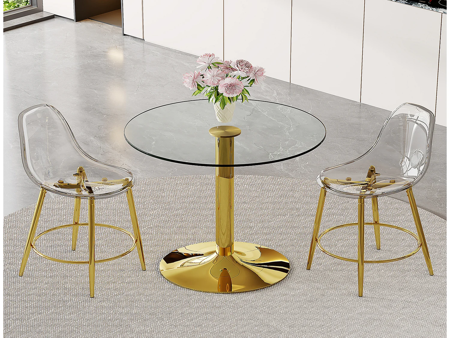 Bartisch Set 3-teilig 89 cm Glastisch mit 2 transparenten Barhockern, goldfarbenes Gestell, für offene Küche