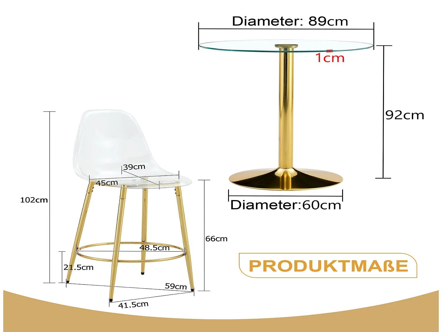 Bartisch Set 3-teilig 89 cm Glastisch mit 2 transparenten Barhockern, goldfarbenes Gestell, für offene Küche
