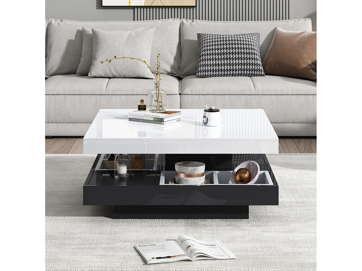 Coffee Table with Storage 70x70x36 cm - 360° Rotating Glossy Top - White & Black