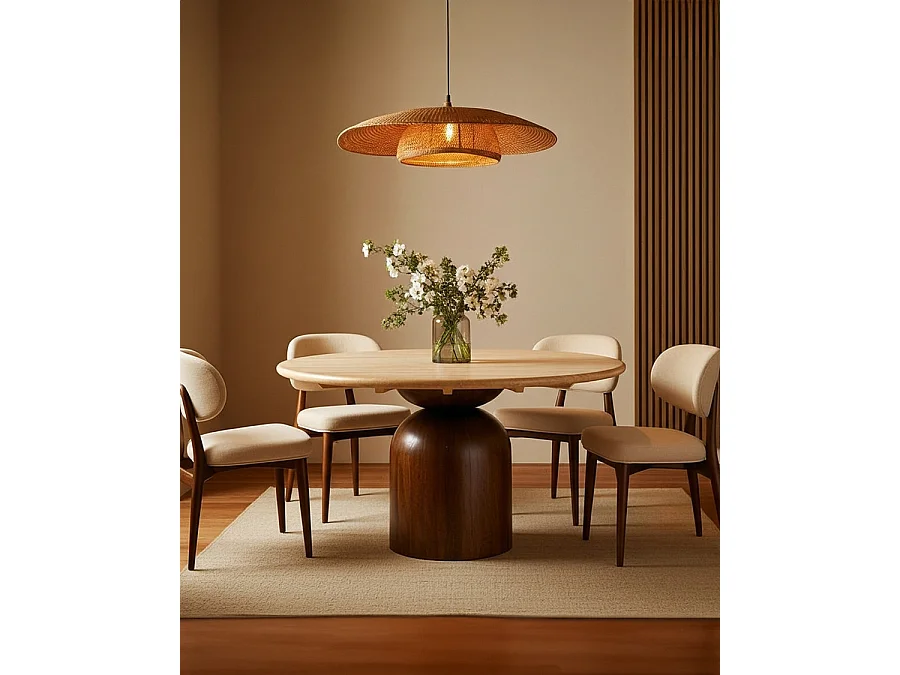 Séraphis - Table salle à manger ronde avec Plateau Travertin Bois de Manguier