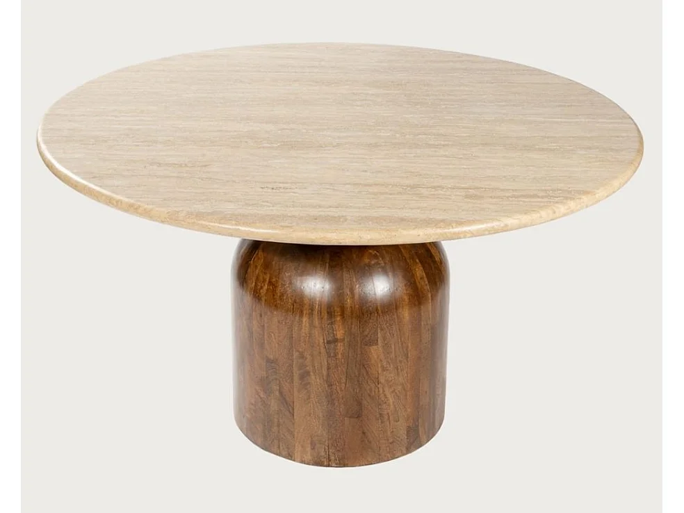 Séraphis - Table salle à manger ronde avec Plateau Travertin Bois de Manguier