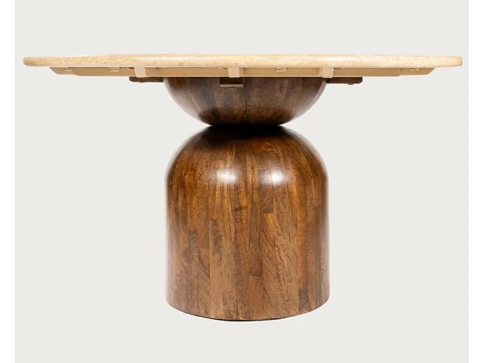 Séraphis - Table salle à manger ronde avec Plateau Travertin Bois de Manguier