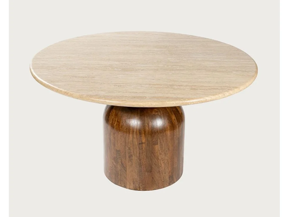 Séraphis - Table salle à manger ronde avec Plateau Travertin Bois de Manguier