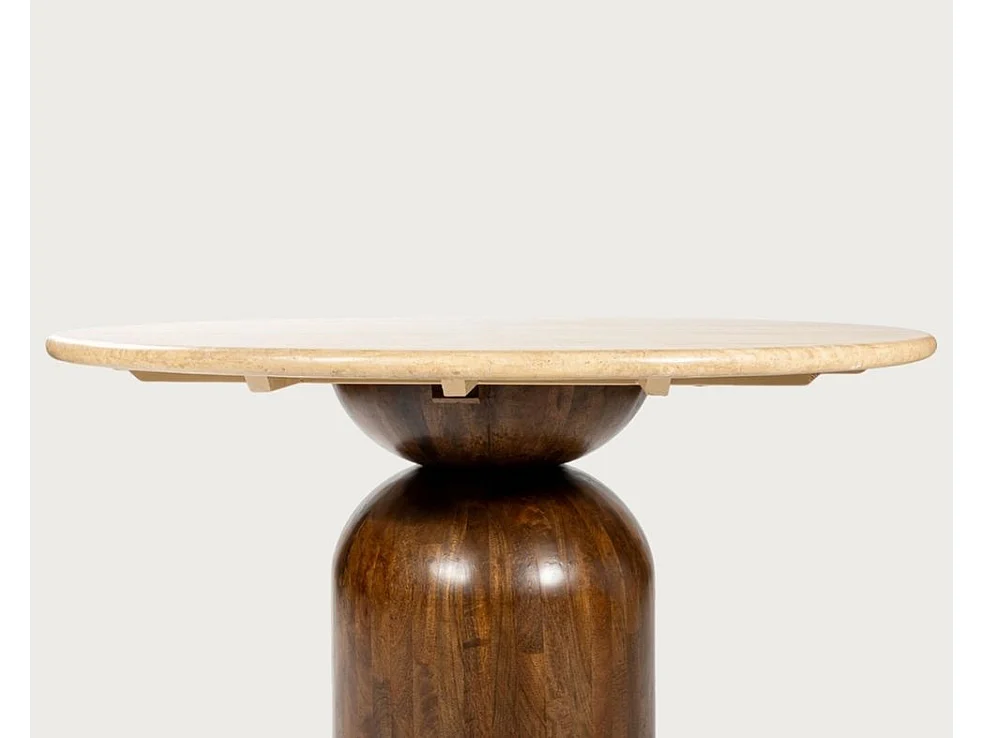 Séraphis - Table salle à manger ronde avec Plateau Travertin Bois de Manguier