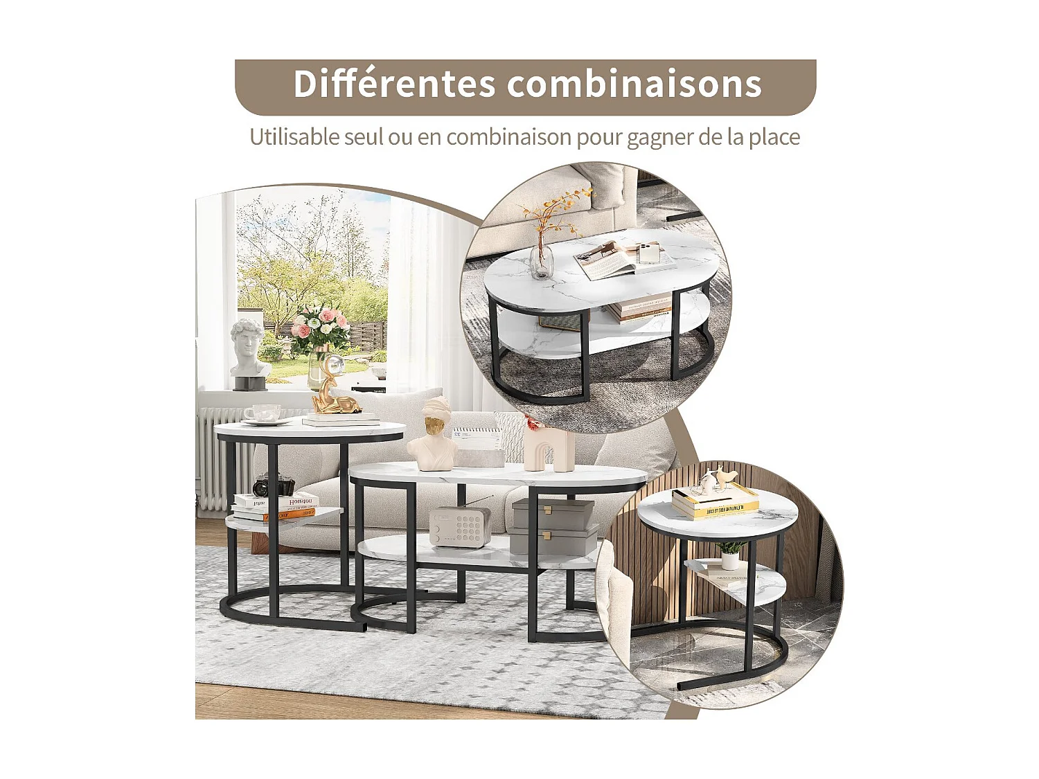 Tables basses gigognes marbre effet blanc, structure métal noir, table salon moderne avec rangement