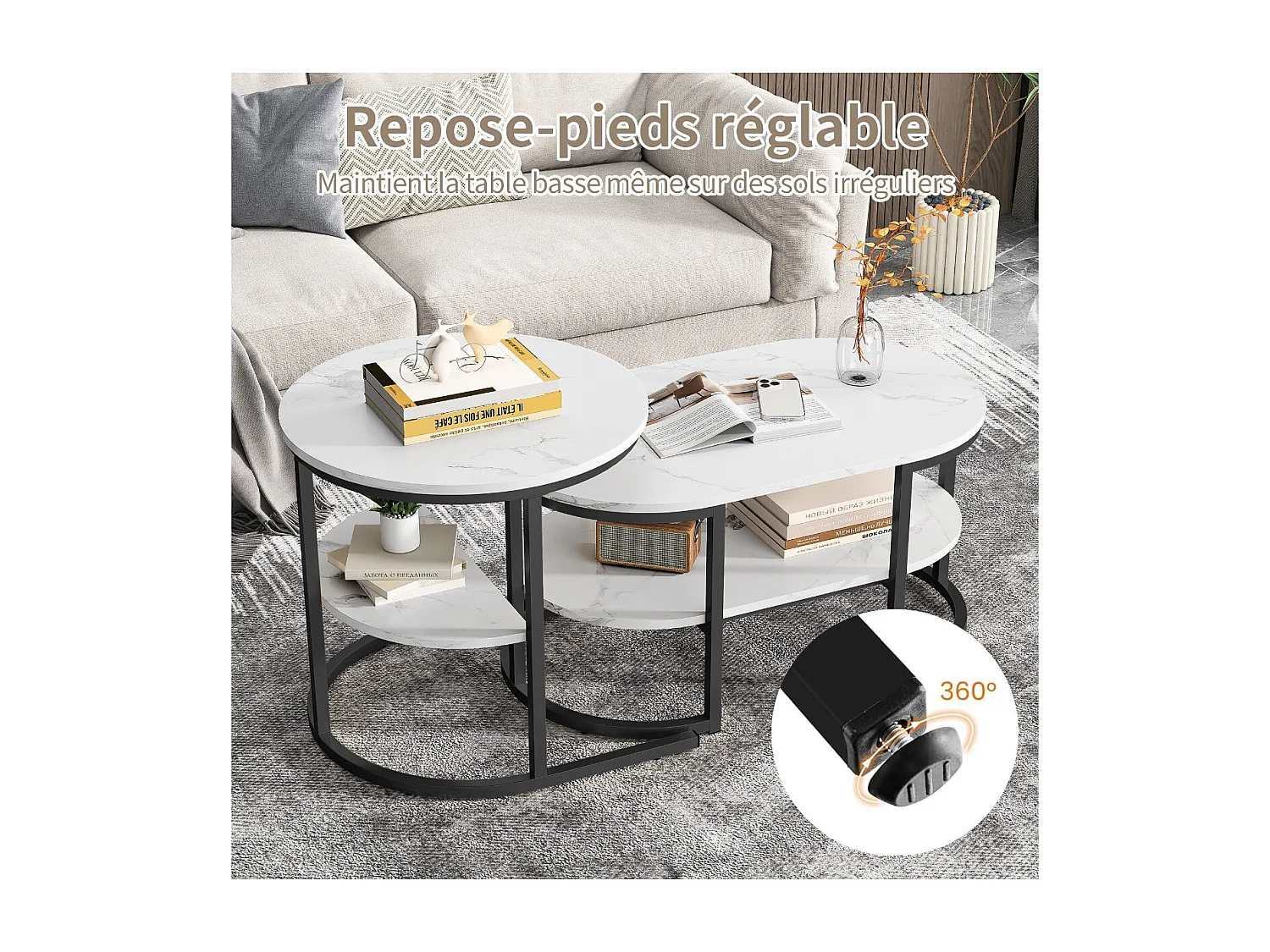 Tables basses gigognes marbre effet blanc, structure métal noir, table salon moderne avec rangement