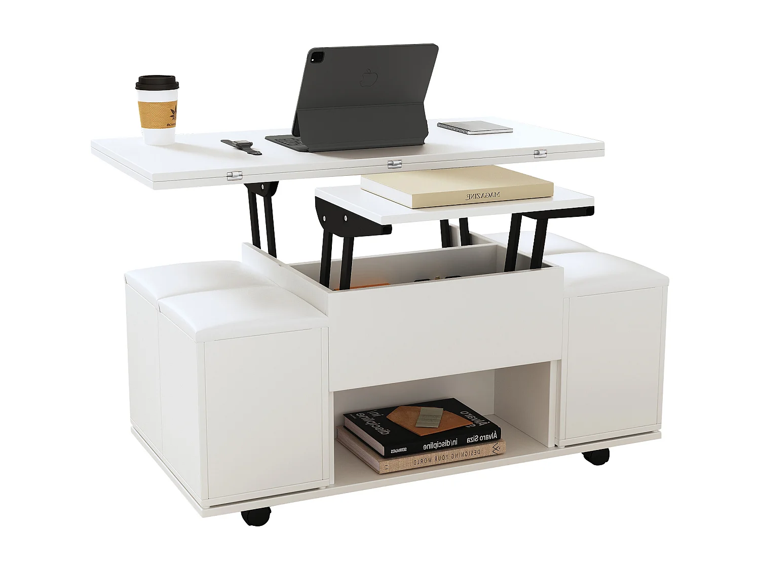 Height-adjustable coffee table 100x50x45cm - 4-in-1 multifunctional - with 1 drawer - with 4 stools - White