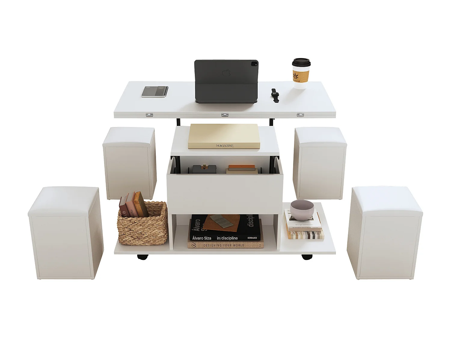 Height-adjustable coffee table 100x50x45cm - 4-in-1 multifunctional - with 1 drawer - with 4 stools - White