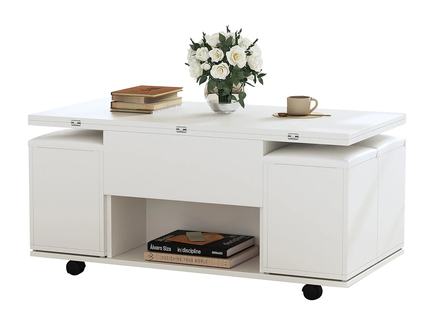 Height-adjustable coffee table 100x50x45cm - 4-in-1 multifunctional - with 1 drawer - with 4 stools - White