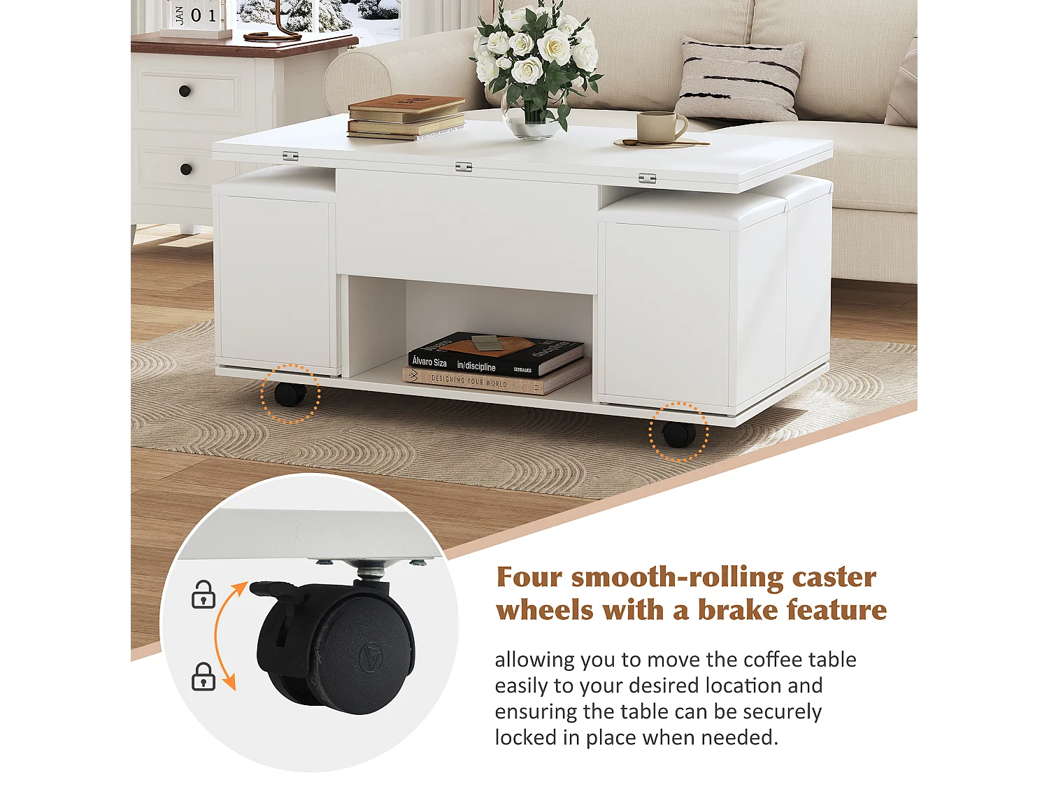 Height-adjustable coffee table 100x50x45cm - 4-in-1 multifunctional - with 1 drawer - with 4 stools - White