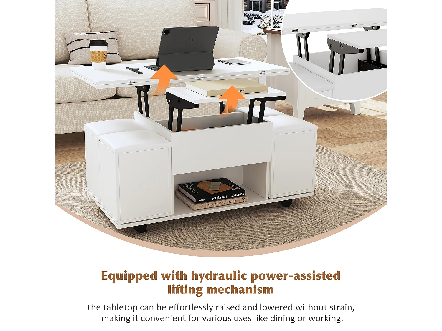 Height-adjustable coffee table 100x50x45cm - 4-in-1 multifunctional - with 1 drawer - with 4 stools - White