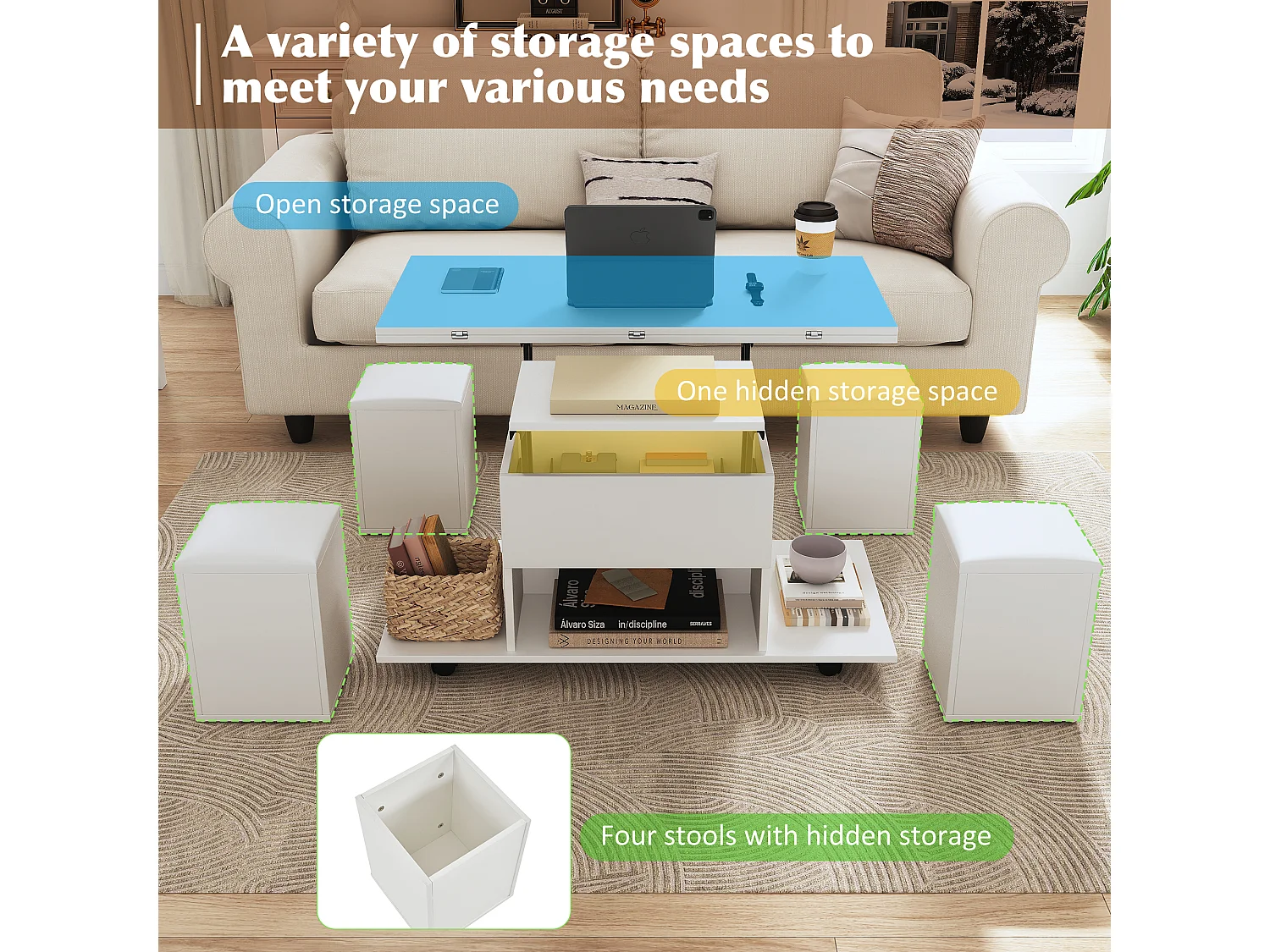 Height-adjustable coffee table 100x50x45cm - 4-in-1 multifunctional - with 1 drawer - with 4 stools - White