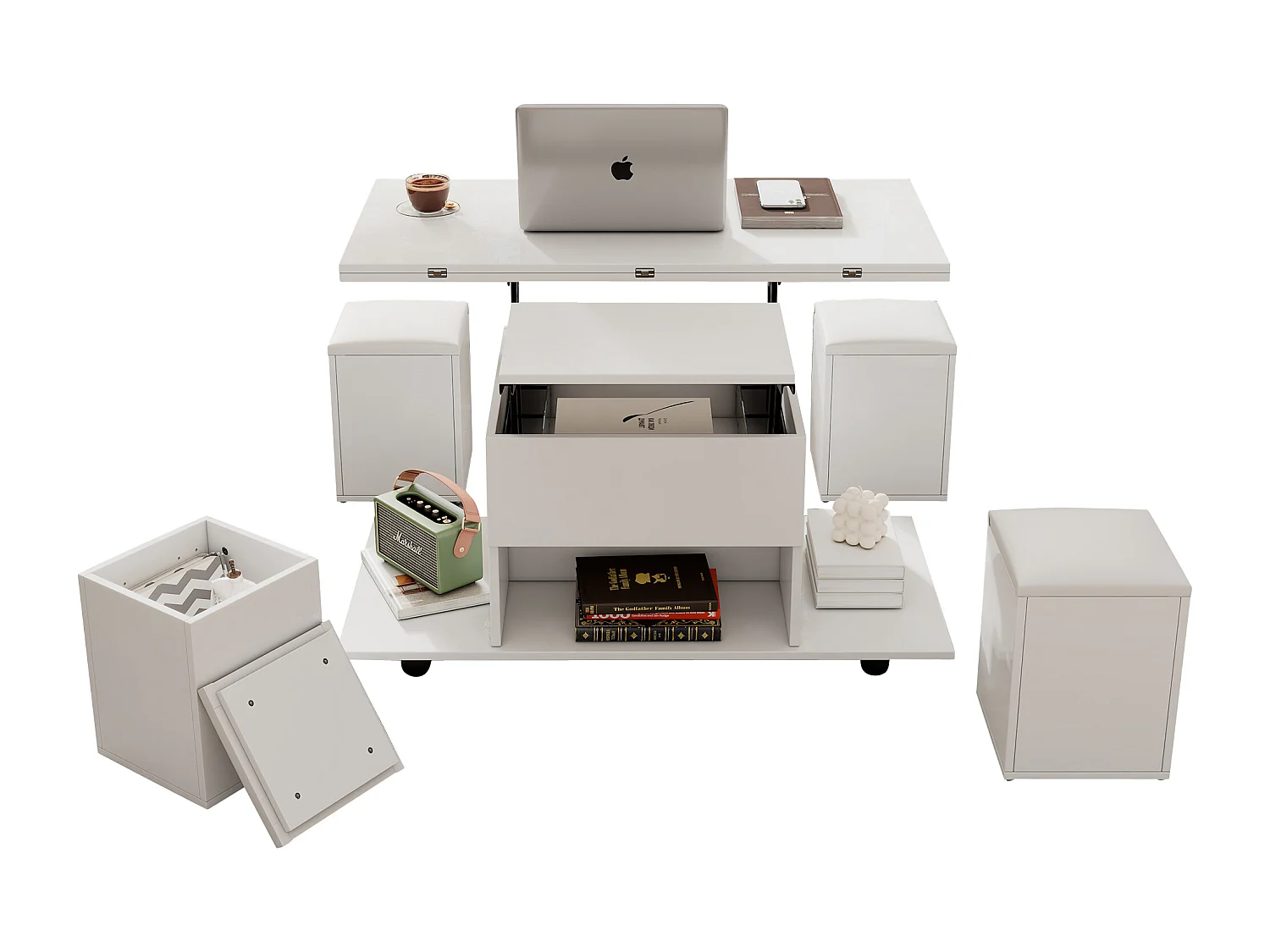 Height-adjustable coffee table 100x50x45cm - 4-in-1 multifunctional - with 1 drawer - with 4 stools - White
