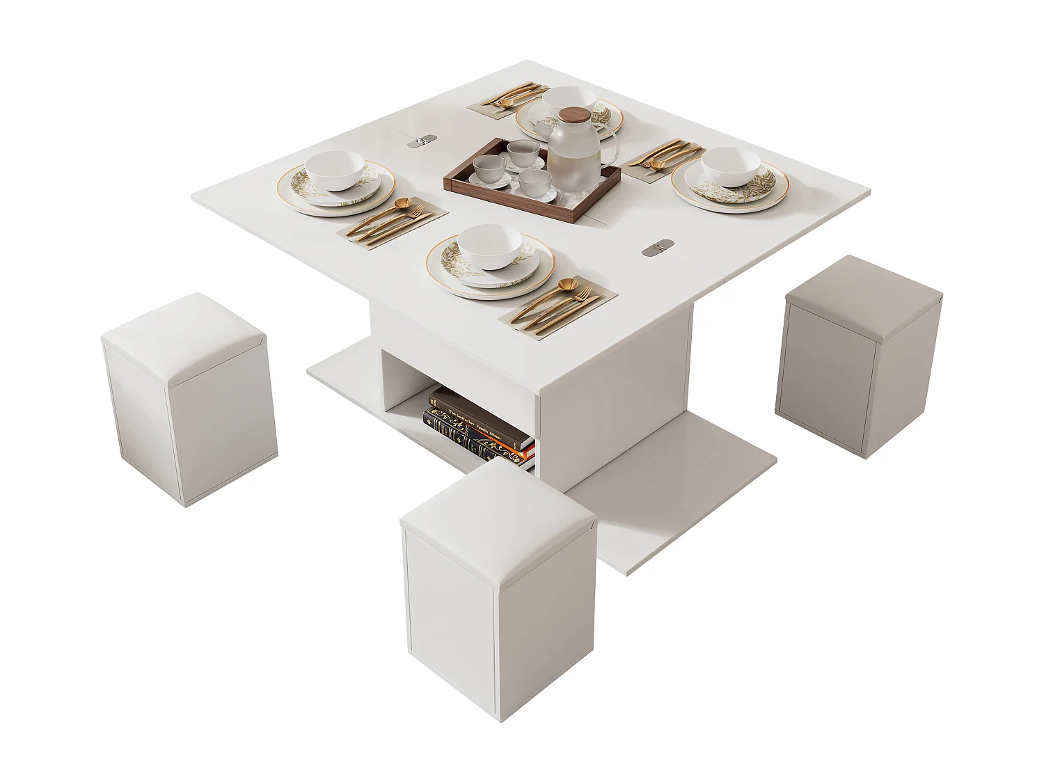 Height-adjustable coffee table 100x50x45cm - 4-in-1 multifunctional - with 1 drawer - with 4 stools - White