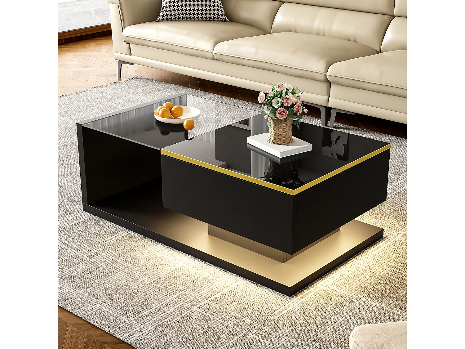 Modern glass coffee table with LED lighting - Particleboard - Black