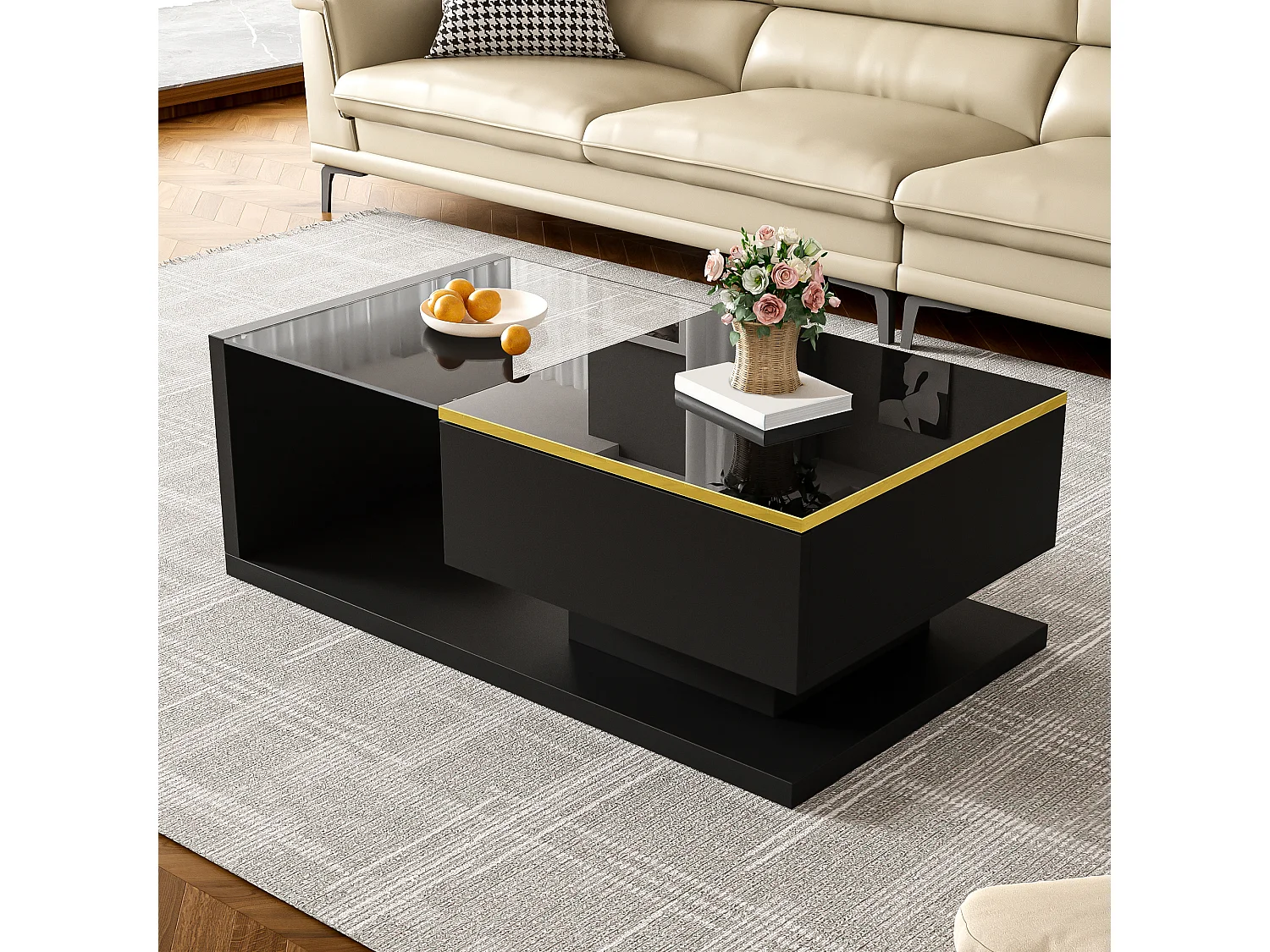 Modern glass coffee table with LED lighting - Particleboard - Black