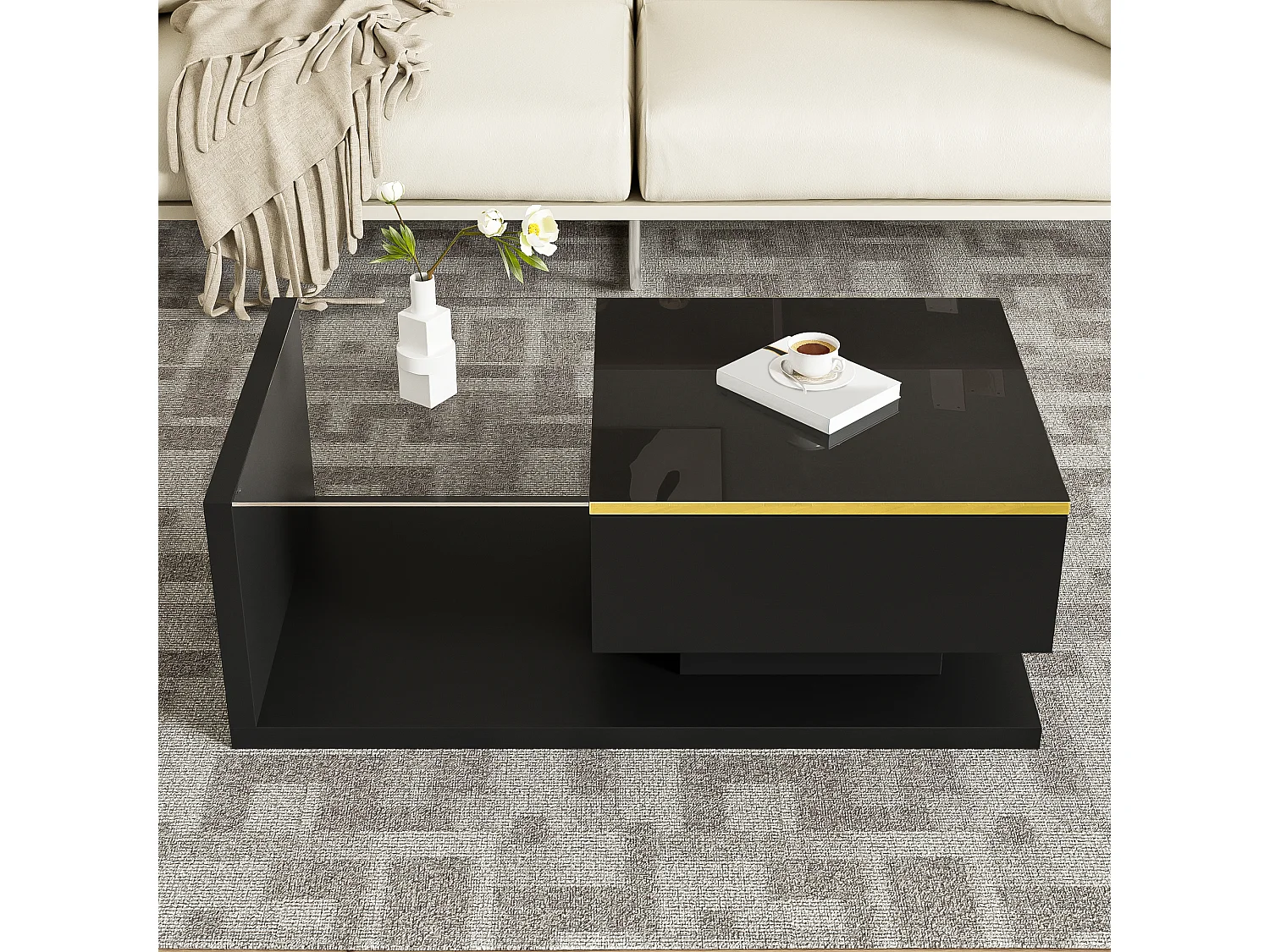 Modern glass coffee table with LED lighting - Particleboard - Black