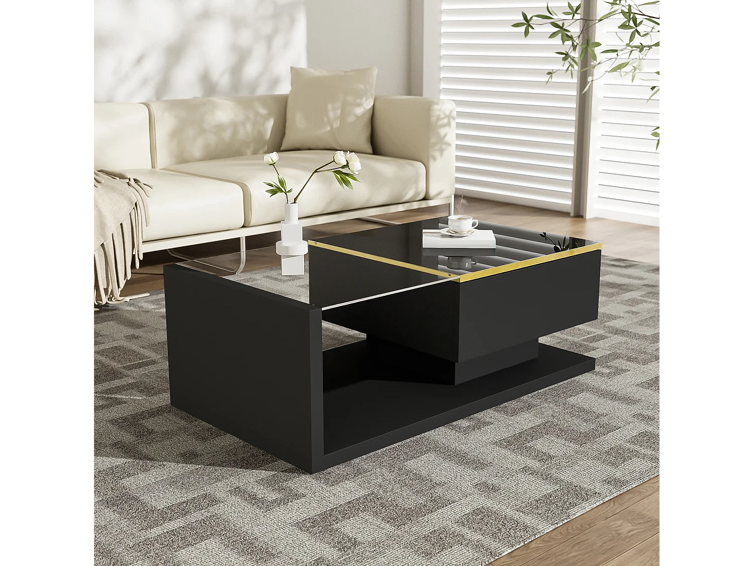 Modern glass coffee table with LED lighting - Particleboard - Black