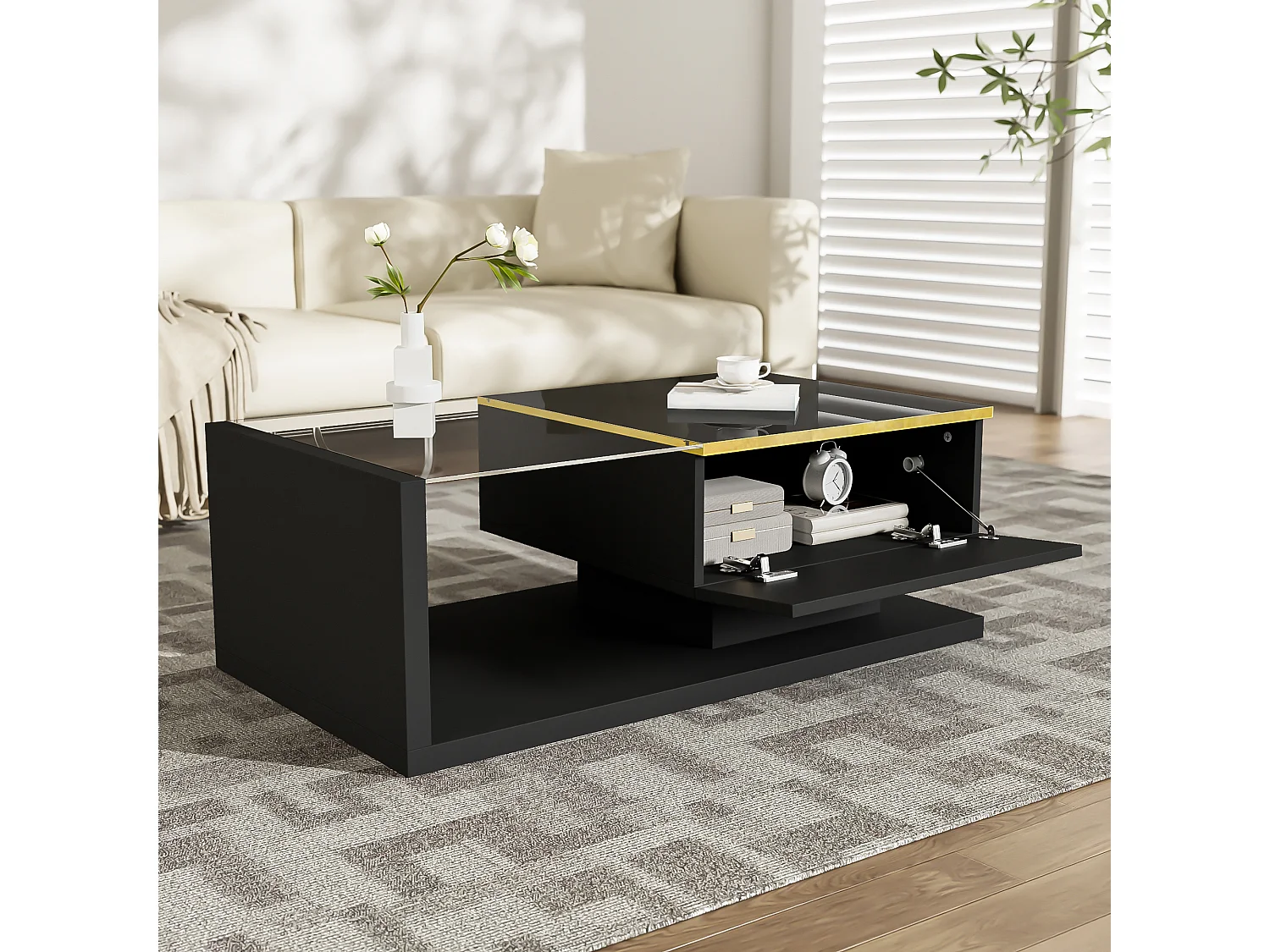 Modern glass coffee table with LED lighting - Particleboard - Black