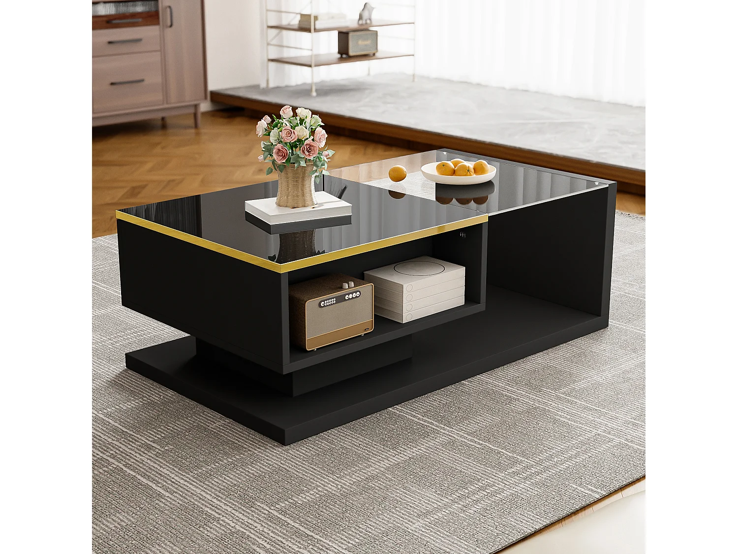 Modern glass coffee table with LED lighting - Particleboard - Black