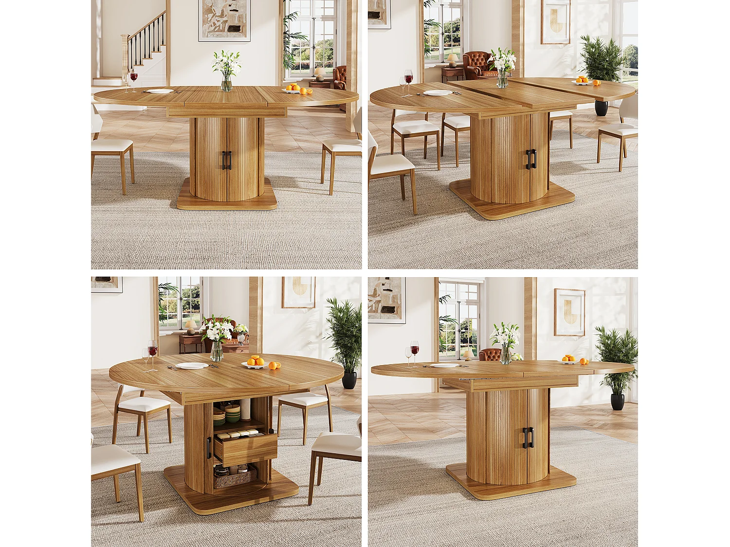 Table de salle à manger extensible - 118-158 x 118 x 76 cm - avec portes + tiroirs - MDF - naturel foncé