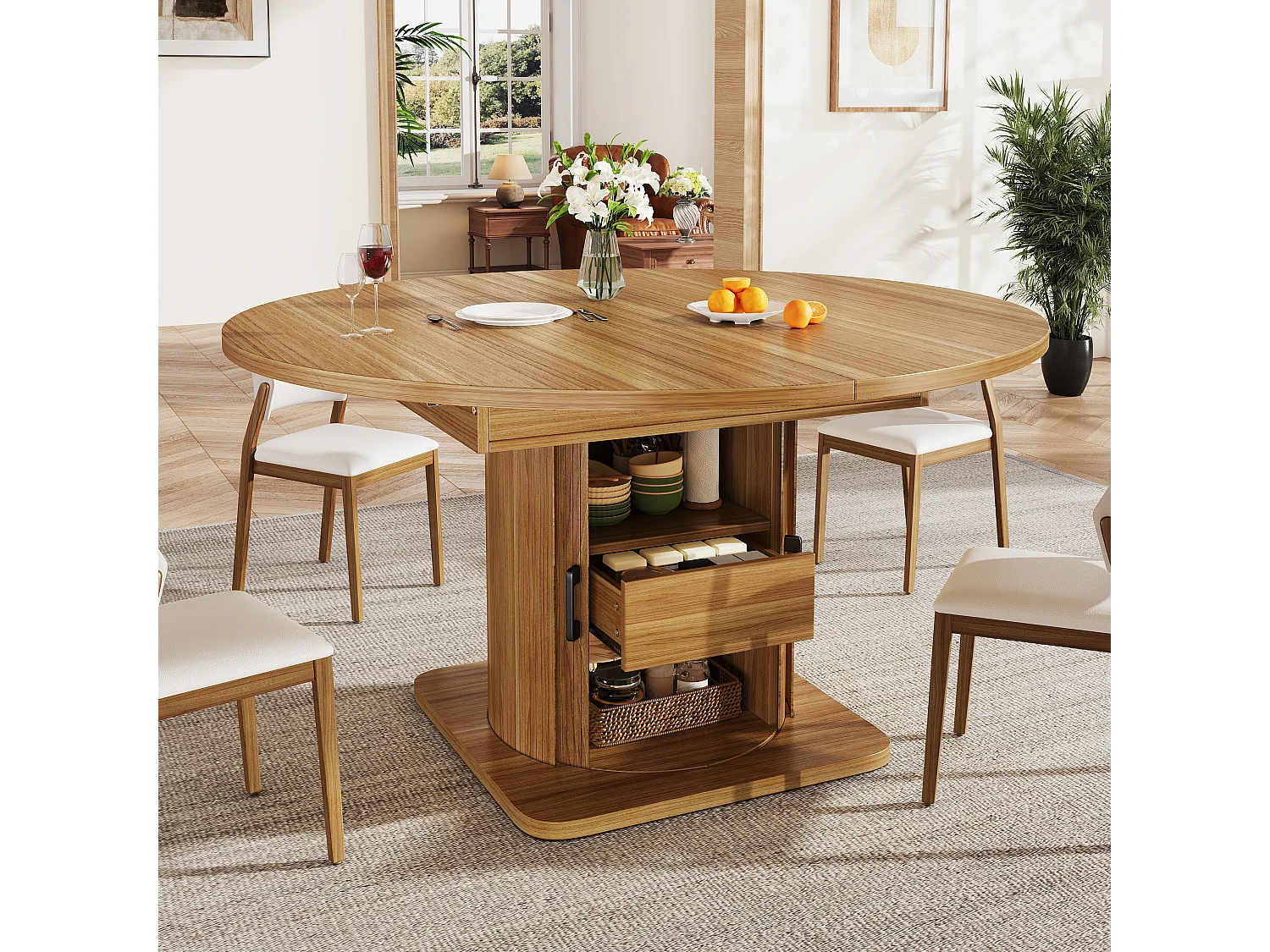 Table de salle à manger extensible - 118-158 x 118 x 76 cm - avec portes + tiroirs - MDF - naturel foncé