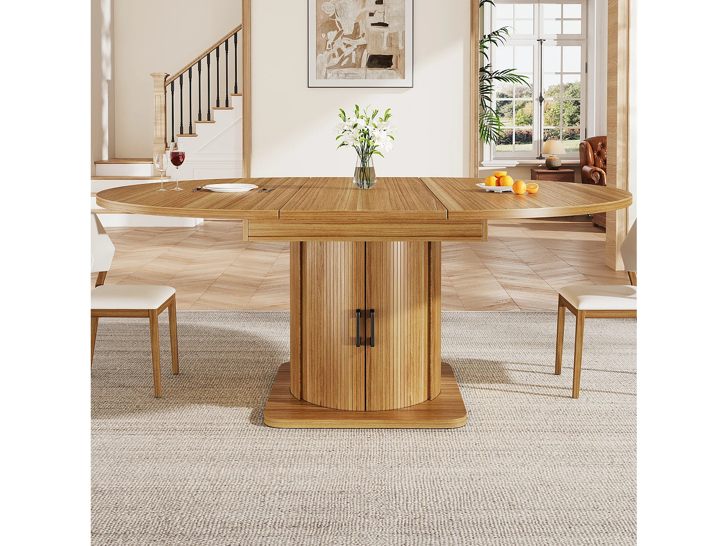 Table de salle à manger extensible - 118-158 x 118 x 76 cm - avec portes + tiroirs - MDF - naturel foncé