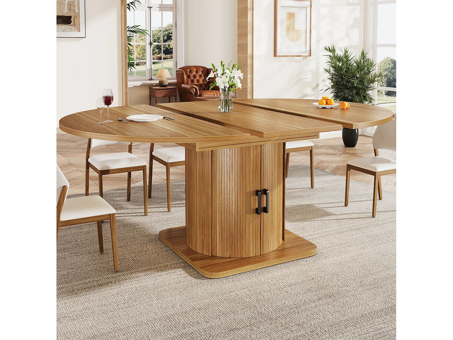 Table de salle à manger extensible - 118-158 x 118 x 76 cm - avec portes + tiroirs - MDF - naturel foncé