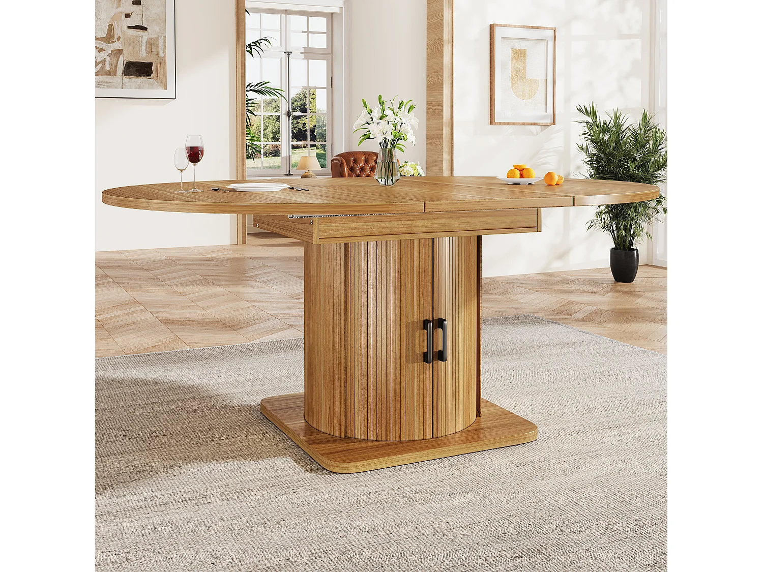Table de salle à manger extensible - 118-158 x 118 x 76 cm - avec portes + tiroirs - MDF - naturel foncé
