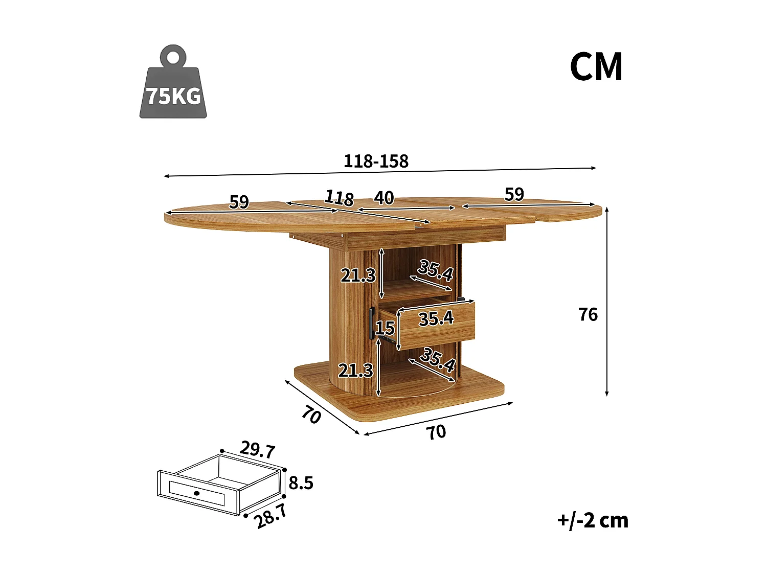 Table de salle à manger extensible - 118-158 x 118 x 76 cm - avec portes + tiroirs - MDF - naturel foncé