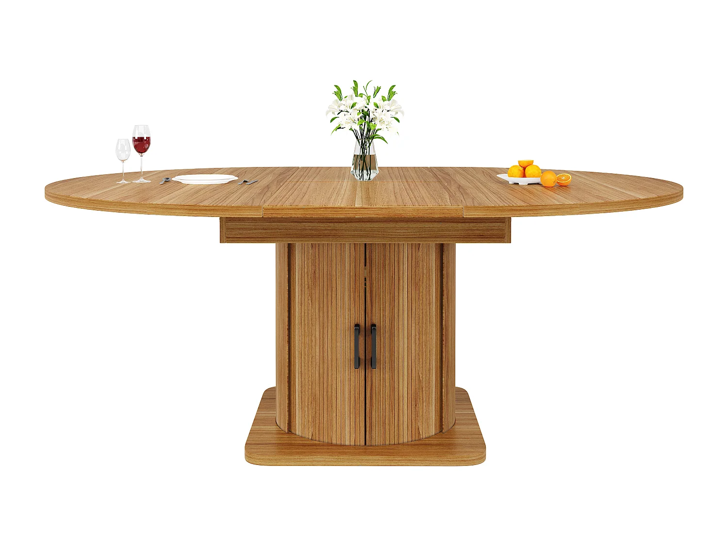 Table de salle à manger extensible - 118-158 x 118 x 76 cm - avec portes + tiroirs - MDF - naturel foncé