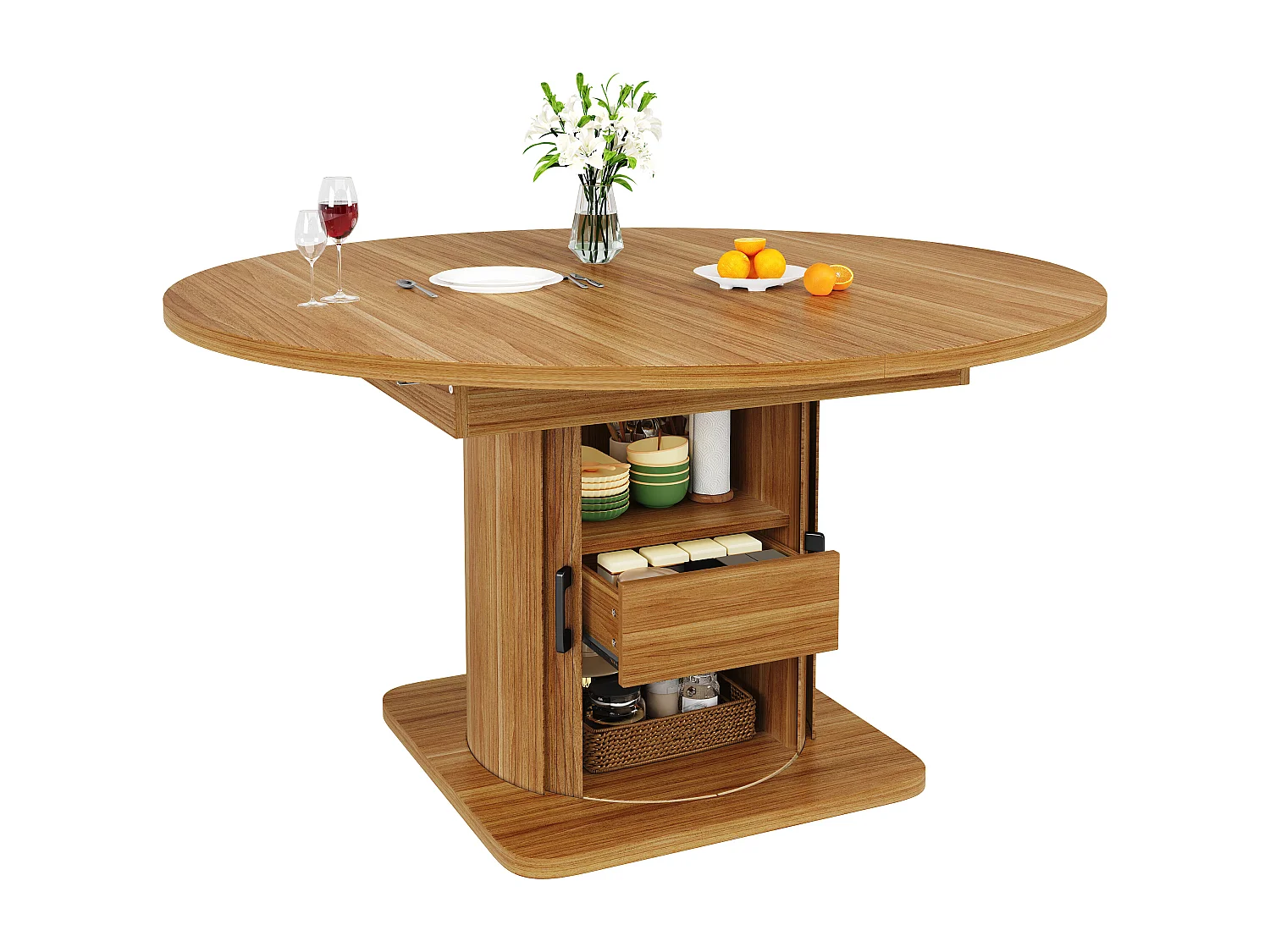 Table de salle à manger extensible - 118-158 x 118 x 76 cm - avec portes + tiroirs - MDF - naturel foncé