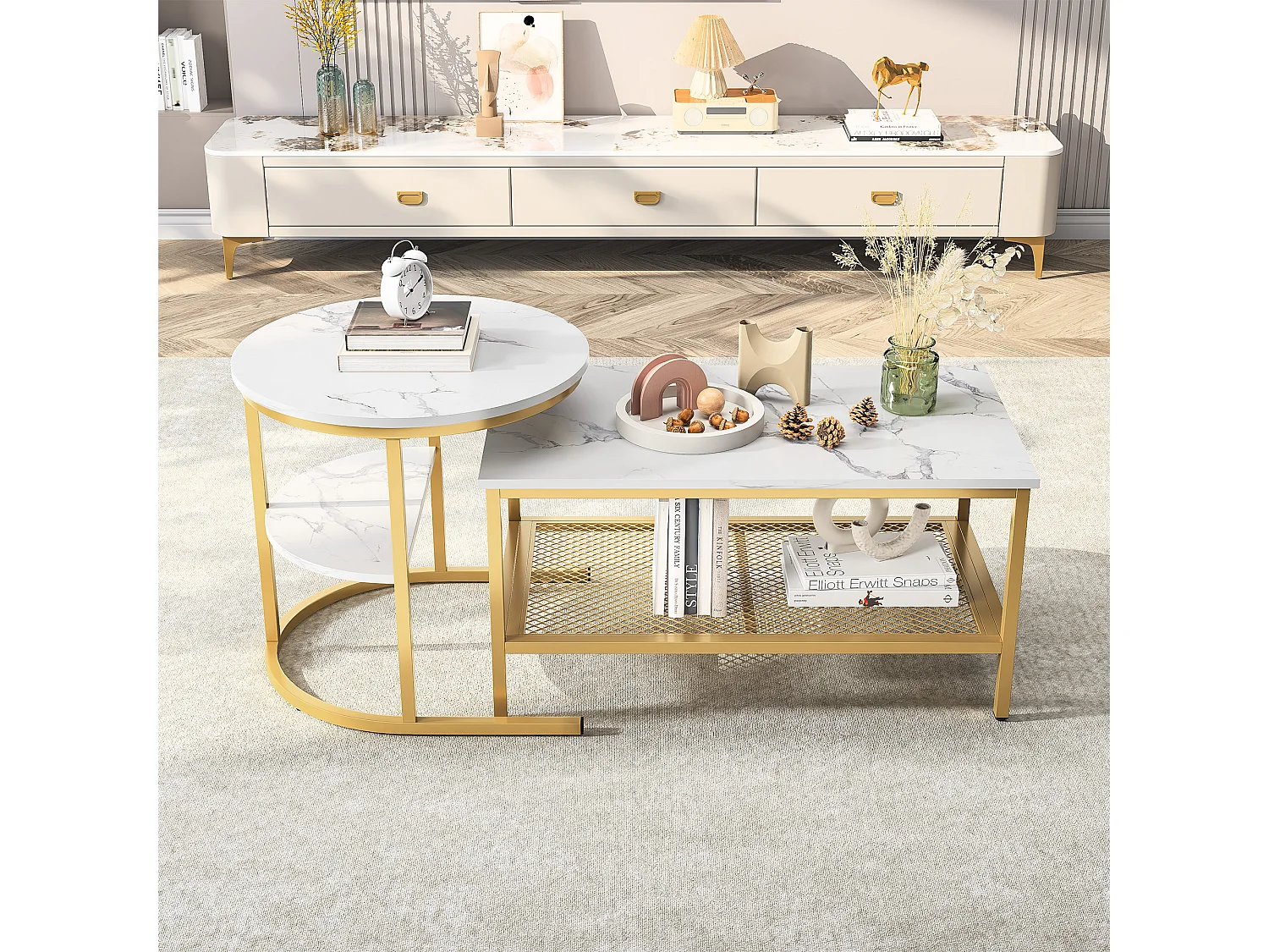 Set van 2 ronde en rechthoekige salontafels, marmerfineer, metalen frame, wit en goud