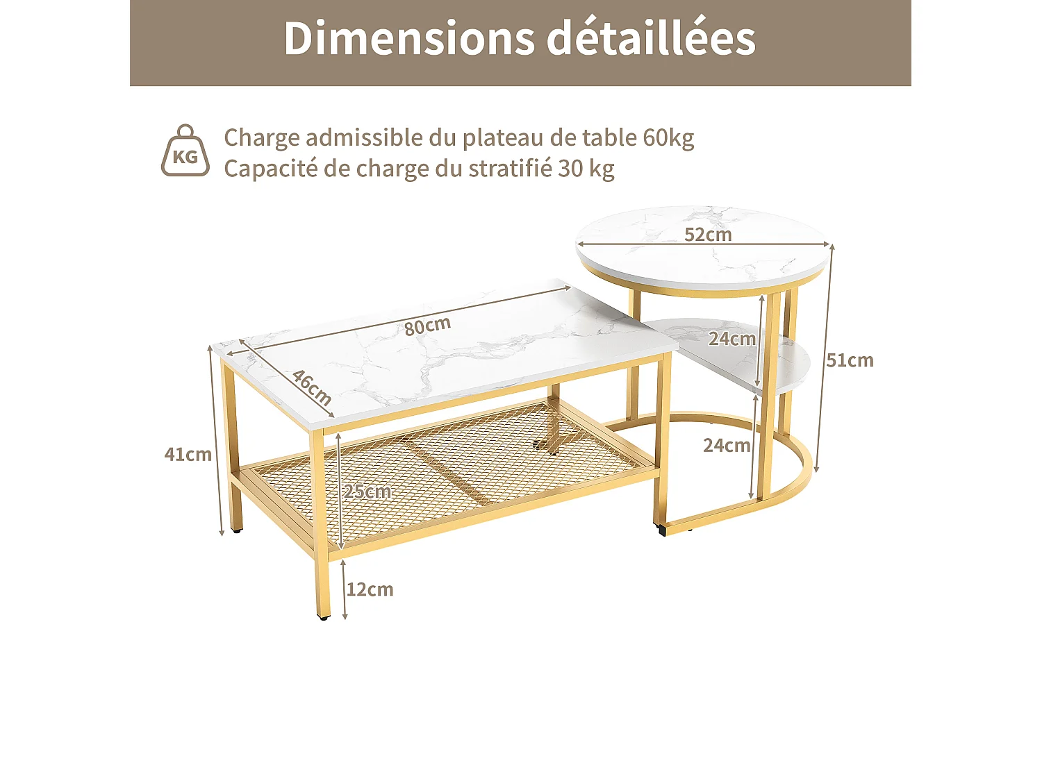 Set van 2 ronde en rechthoekige salontafels, marmerfineer, metalen frame, wit en goud
