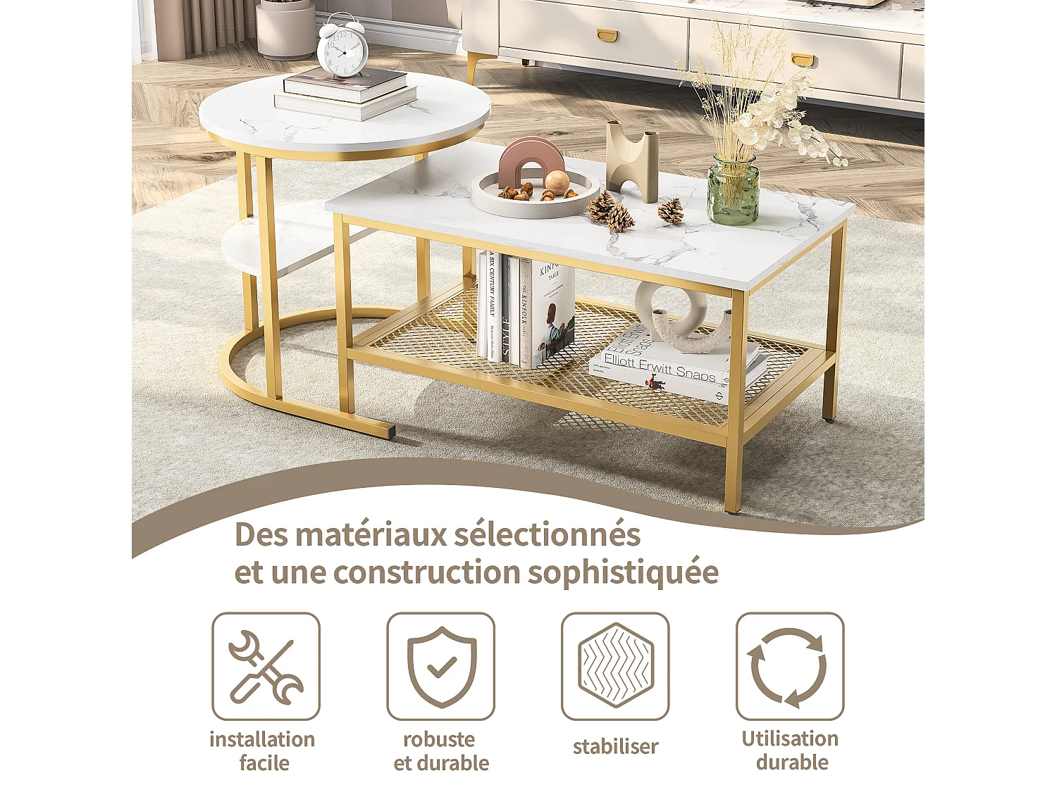 Set van 2 ronde en rechthoekige salontafels, marmerfineer, metalen frame, wit en goud
