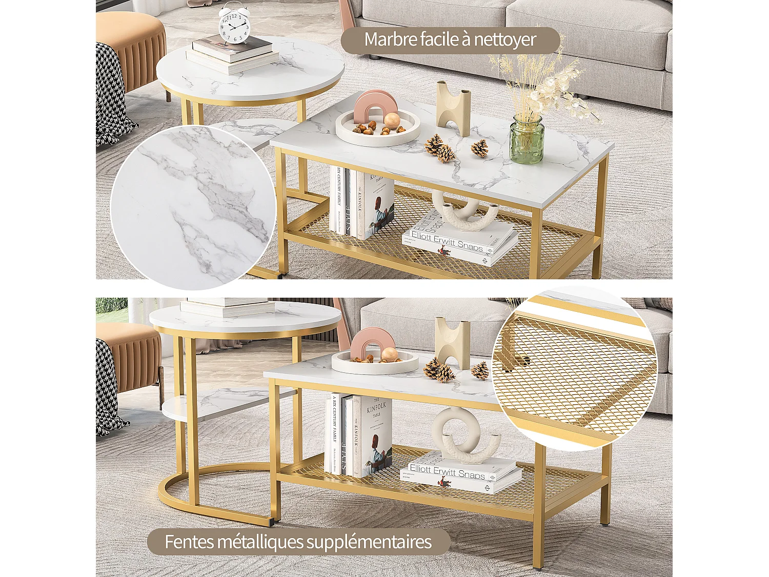 Set van 2 ronde en rechthoekige salontafels, marmerfineer, metalen frame, wit en goud