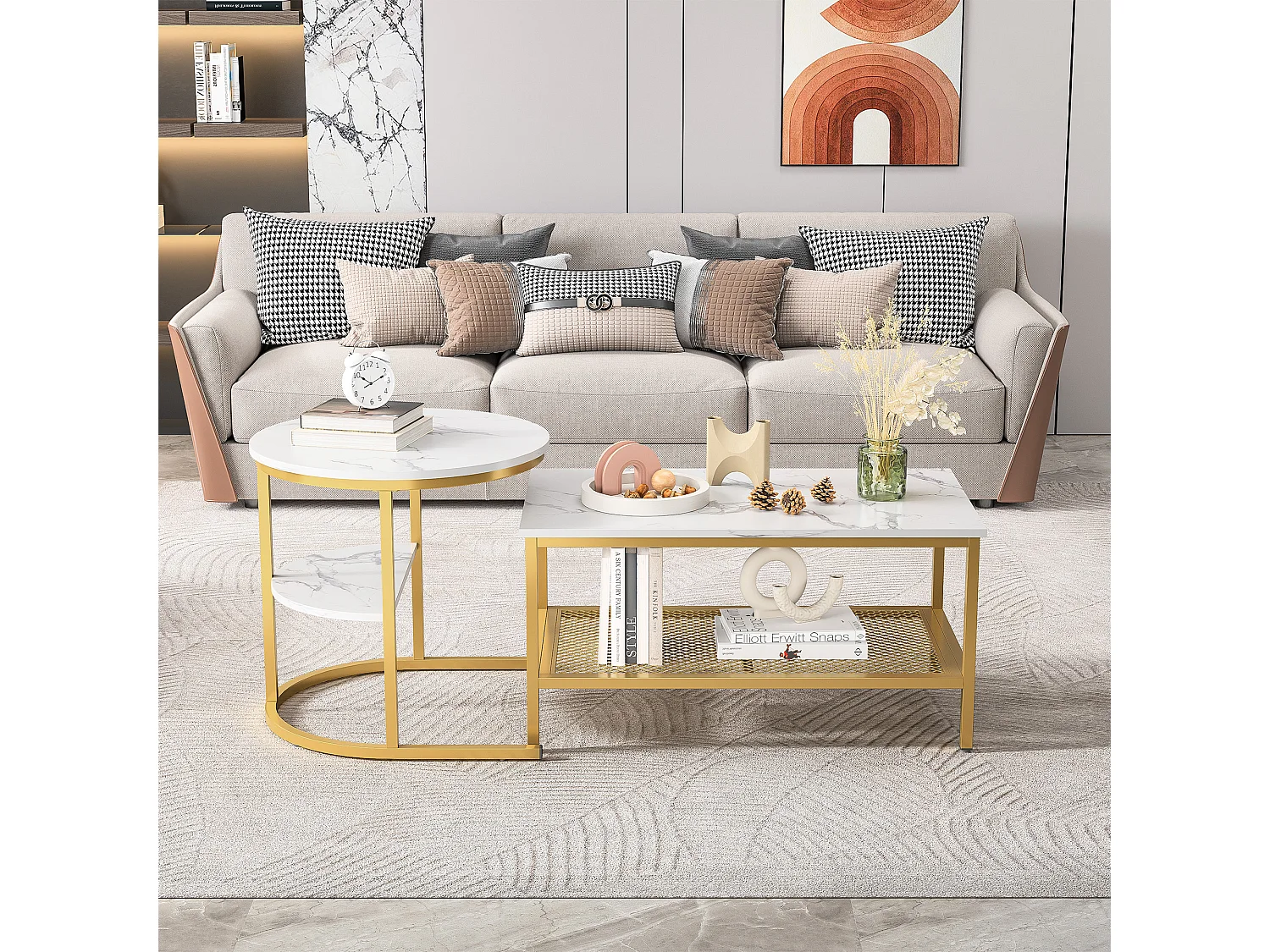 Set van 2 ronde en rechthoekige salontafels, marmerfineer, metalen frame, wit en goud