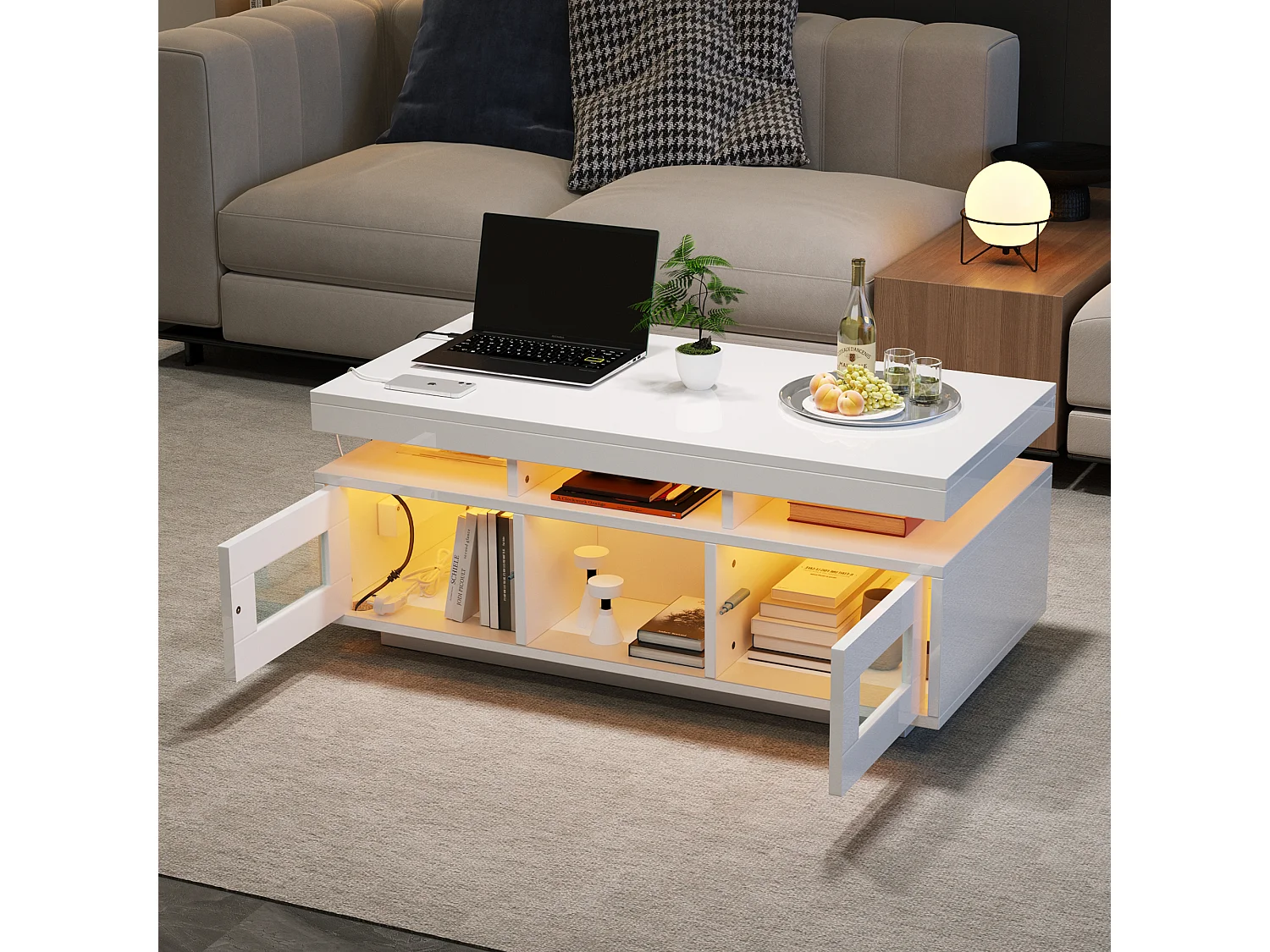 High-gloss coffee table 100x50x43cm - with 2 doors - LED lighting - with charging port and plug - White