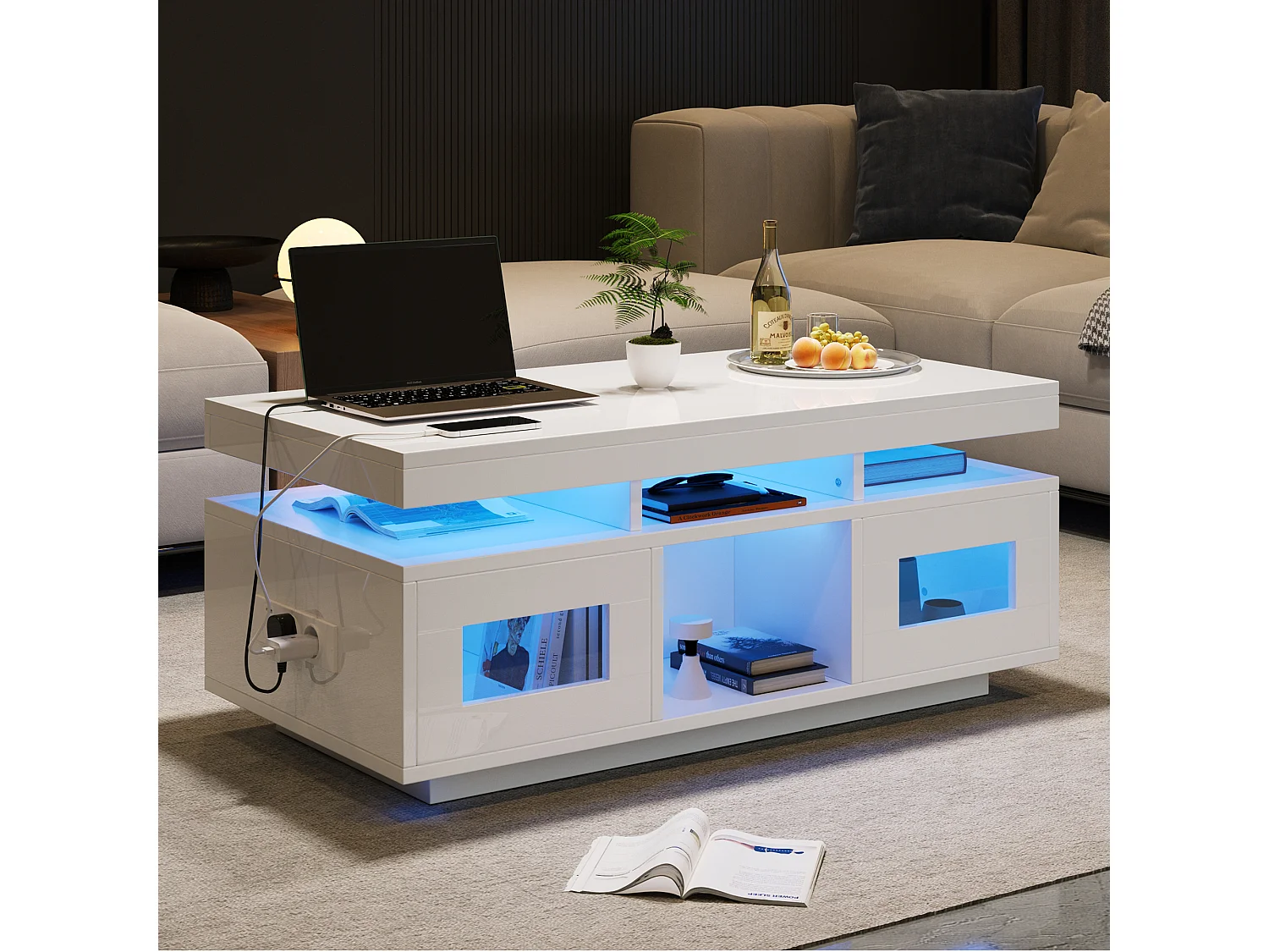 High-gloss coffee table 100x50x43cm - with 2 doors - LED lighting - with charging port and plug - White
