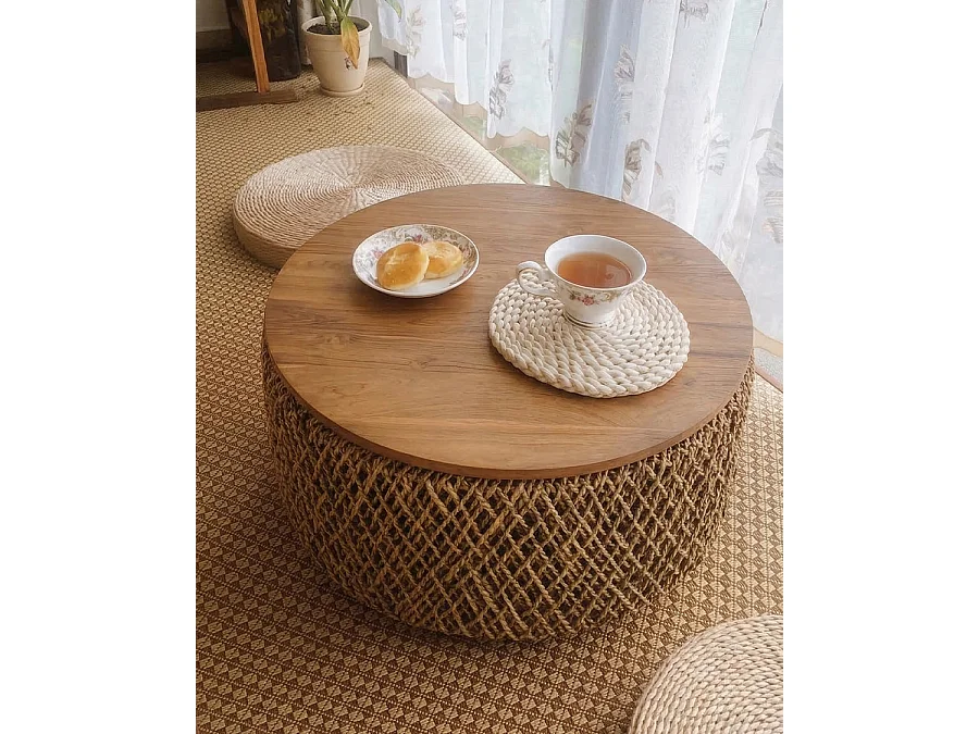 Yuda - Grand table basse en bois de teck massif et tissage banane avec rangement