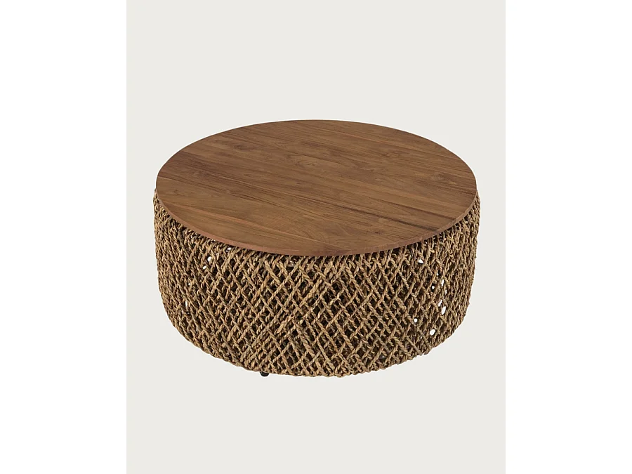 Yuda - Grand table basse en bois de teck massif et tissage banane avec rangement