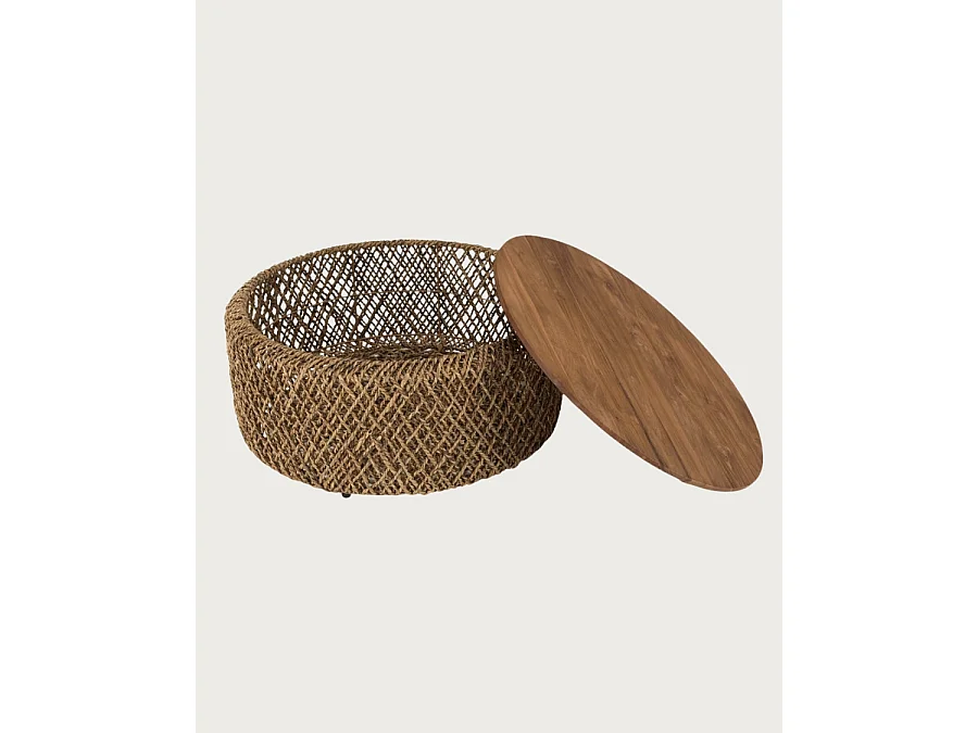 Yuda - Grand table basse en bois de teck massif et tissage banane avec rangement