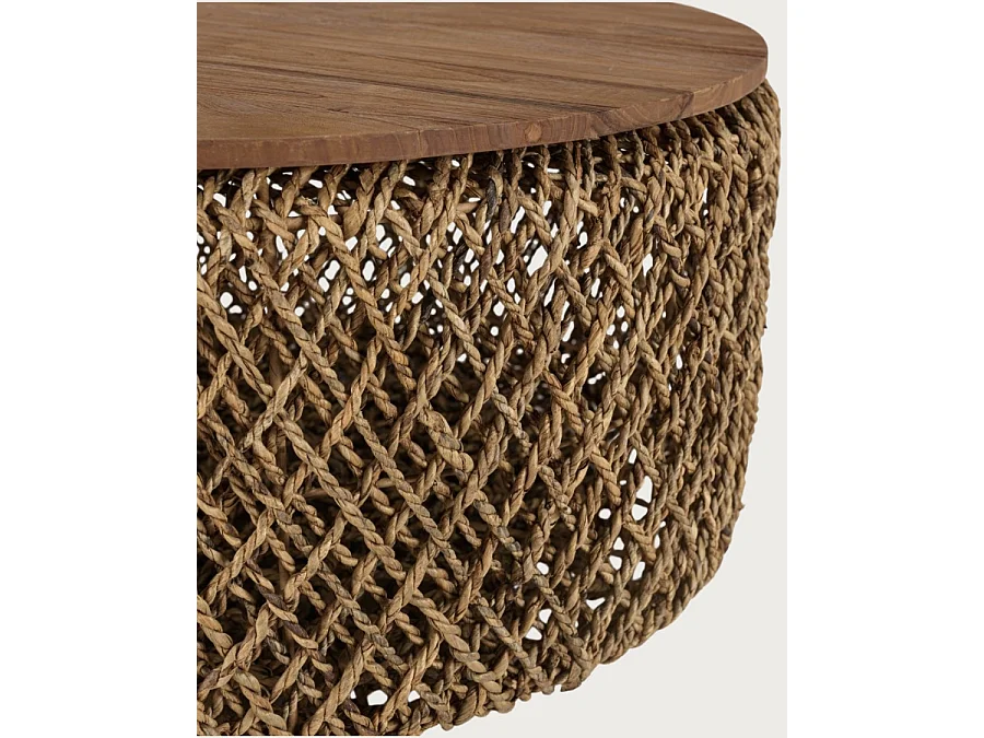 Yuda - Grand table basse en bois de teck massif et tissage banane avec rangement