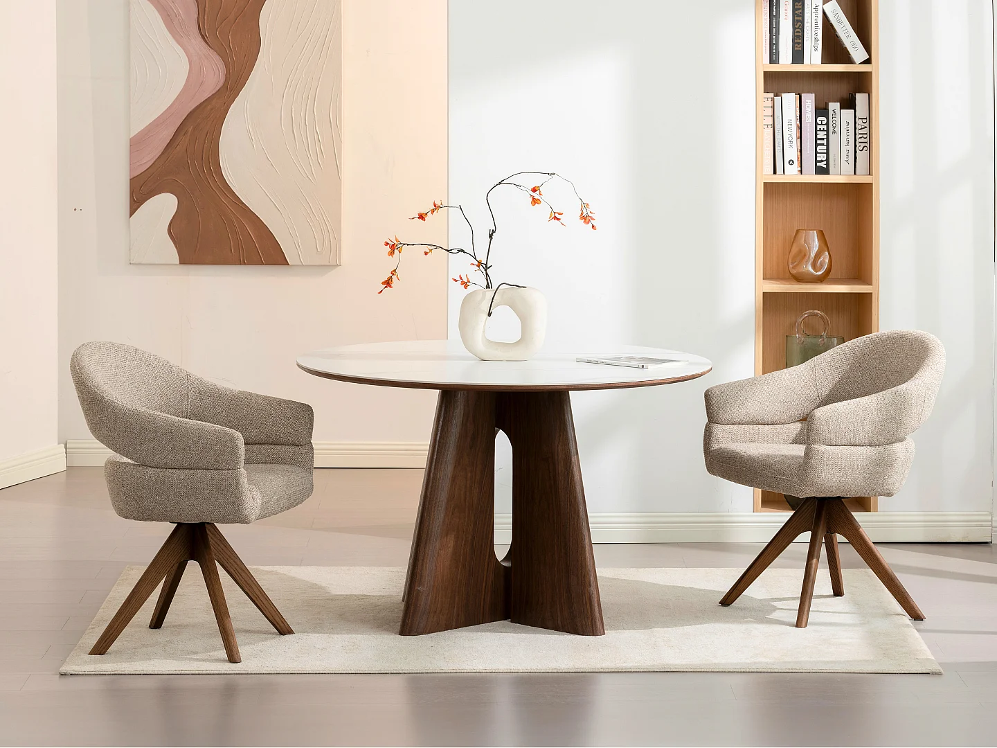 Mesa de comedor Diana - Madera natural efecto nogal con tablero de cerámica acabado mármol blanco 120 cm - Homeluxury