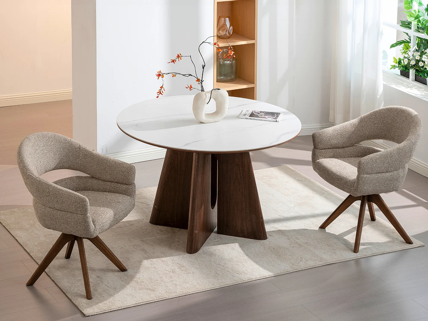 Mesa de comedor Diana - Madera natural efecto nogal con tablero de cerámica acabado mármol blanco 120 cm - Homeluxury