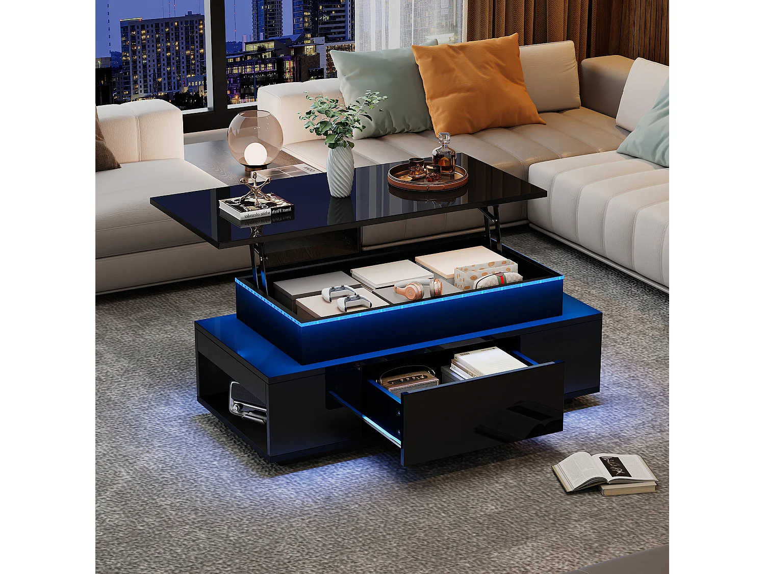 Lift-top coffee table 100x50x40 cm - with 2 drawers - LED lighting - High-gloss lacquer finish - Particleboard - Black