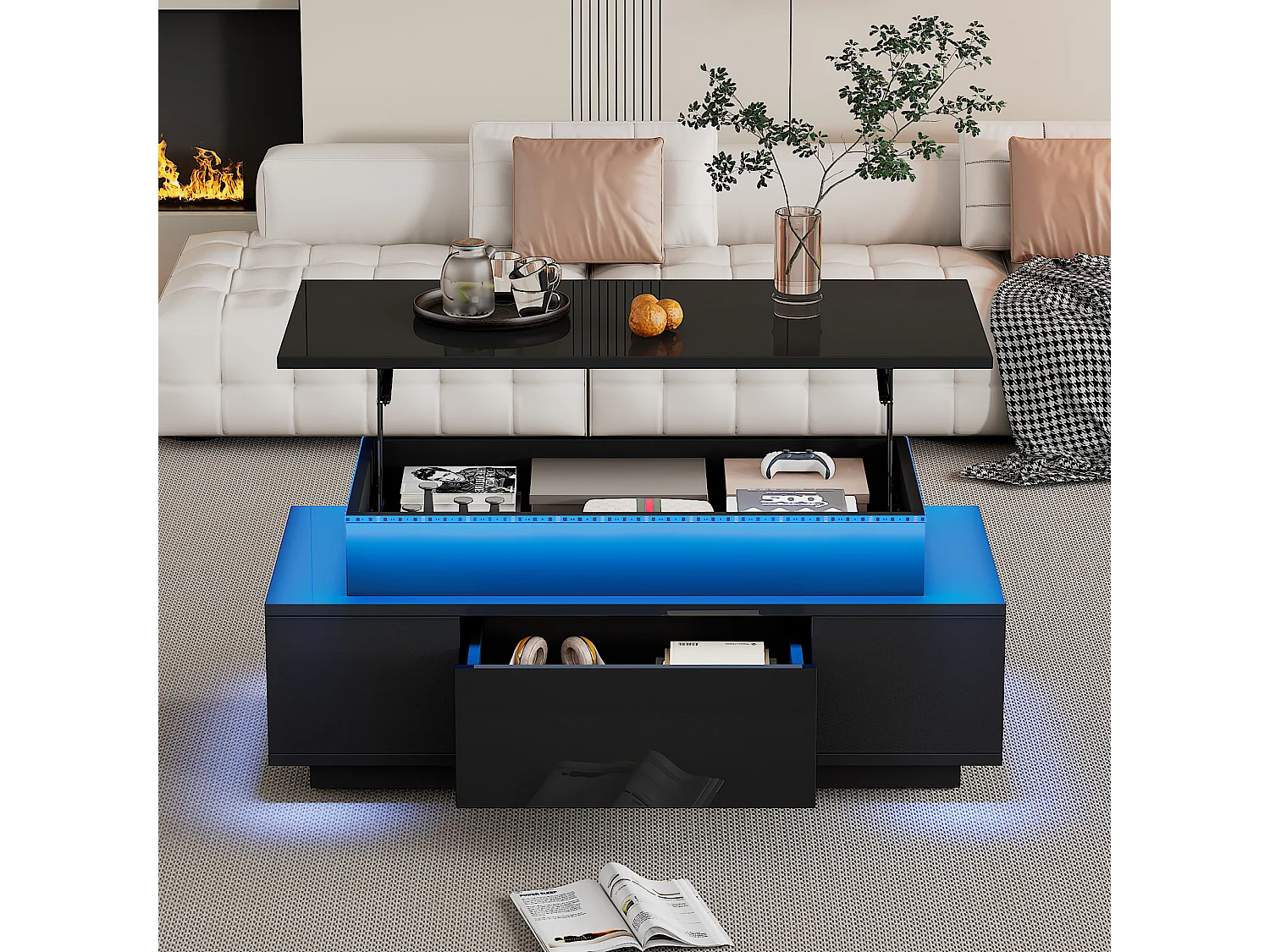 Lift-top coffee table 100x50x40 cm - with 2 drawers - LED lighting - High-gloss lacquer finish - Particleboard - Black