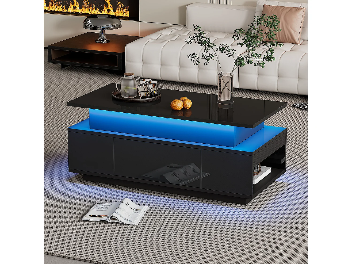 Lift-top coffee table 100x50x40 cm - with 2 drawers - LED lighting - High-gloss lacquer finish - Particleboard - Black